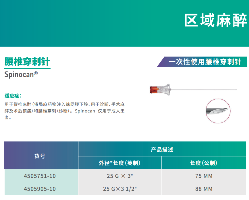 贝朗Spinocan 一次性使用腰椎穿刺针 货号规格型号参数